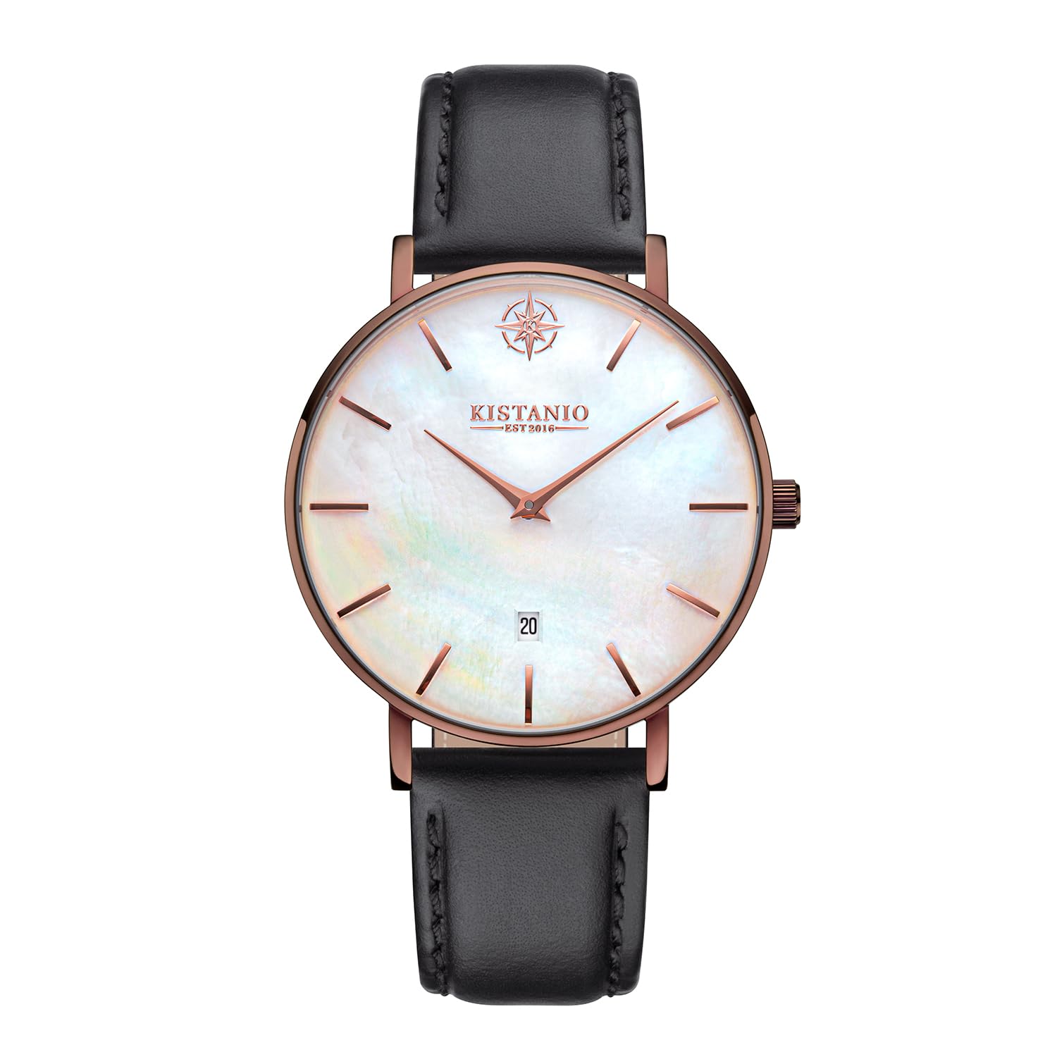 Kistanio Moyen Flat Women's Watch with Leather Strap Sapphire Glass 38 mm Diameter Stainless Steel Date Various Variations, Mocha / mother of pearl / black, Strap.