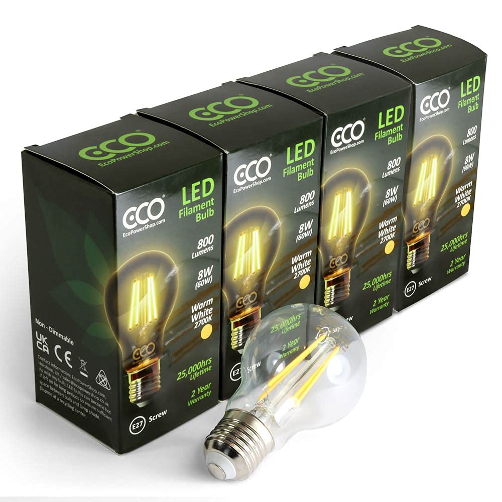 ECO 60W Energy Saving Light Bulb, Low Energy 8W LED Filaments, Bright 800 Lumen, Clear Glass, Warm White (2700K), E27 Standard UK Edison Screw (ES), 25000Hrs Lifetime.