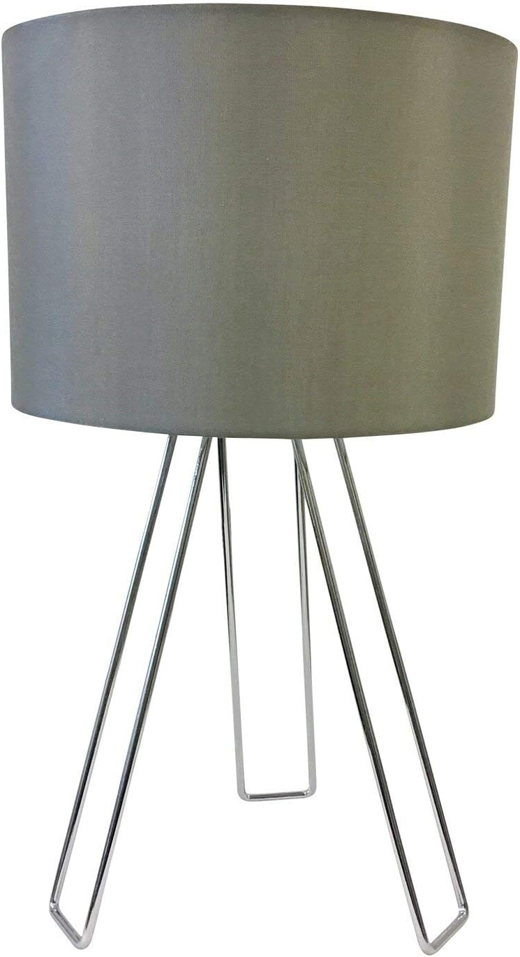 Chrome Table Lamp or Bedside Light, Grey Cotton Fabric Shade, Modern Tripod Design Bedside Lamp, Tripod Table Light, LED Compatible, Height 41cm