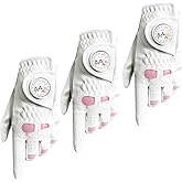 VEASAERS Golf Gloves Women Leather with Ball Marker 3 Pack, Left Hand Right Stylish Pink All Weather Grip Breathable Glove, Fit Sizes Small Medium Large for Womens Ladies