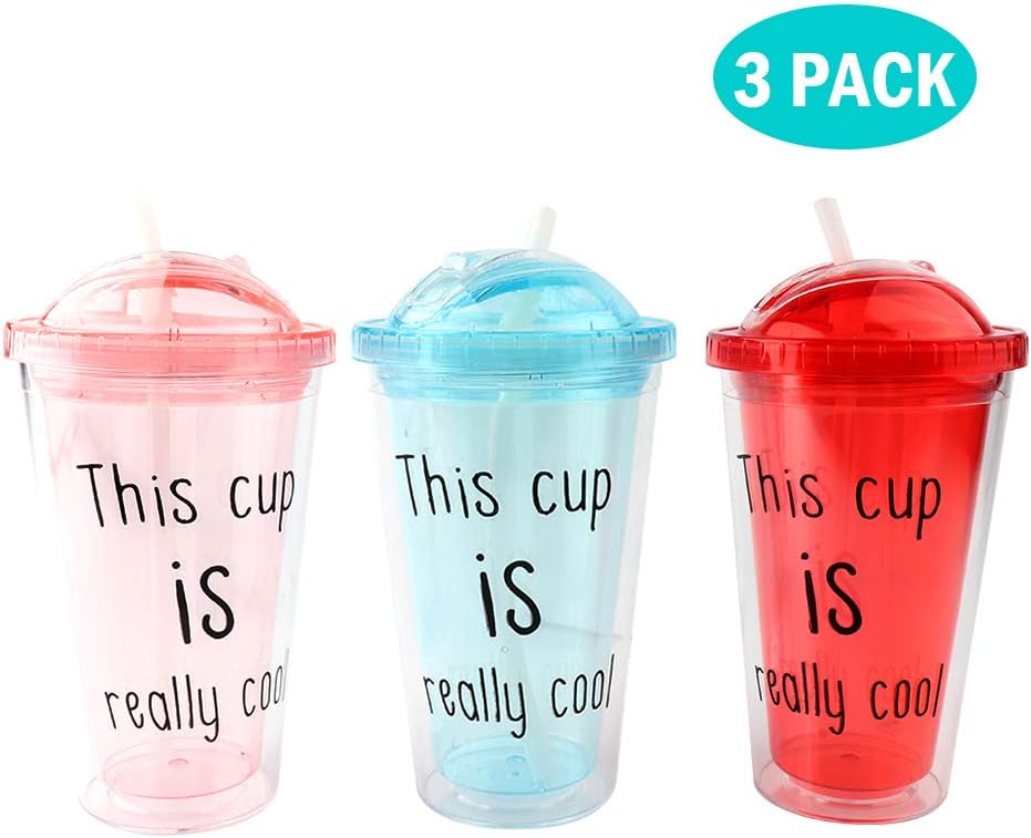 Vech 3 Pack Insulated Travel Tumbler With Reusable Silicone Straw Cooling Cup,Double Wall Freezer Mug,Reusable Silica Gel Straw,Push Cover Design Travel Cup,16 oz