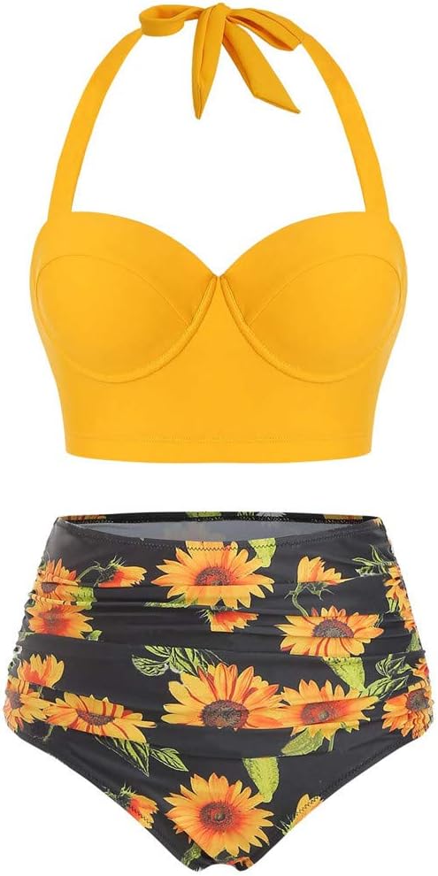 Women Two Piece Sunflower Swimsuit Outfit Halter Neck Crop Cami Top with High Waist Shorts