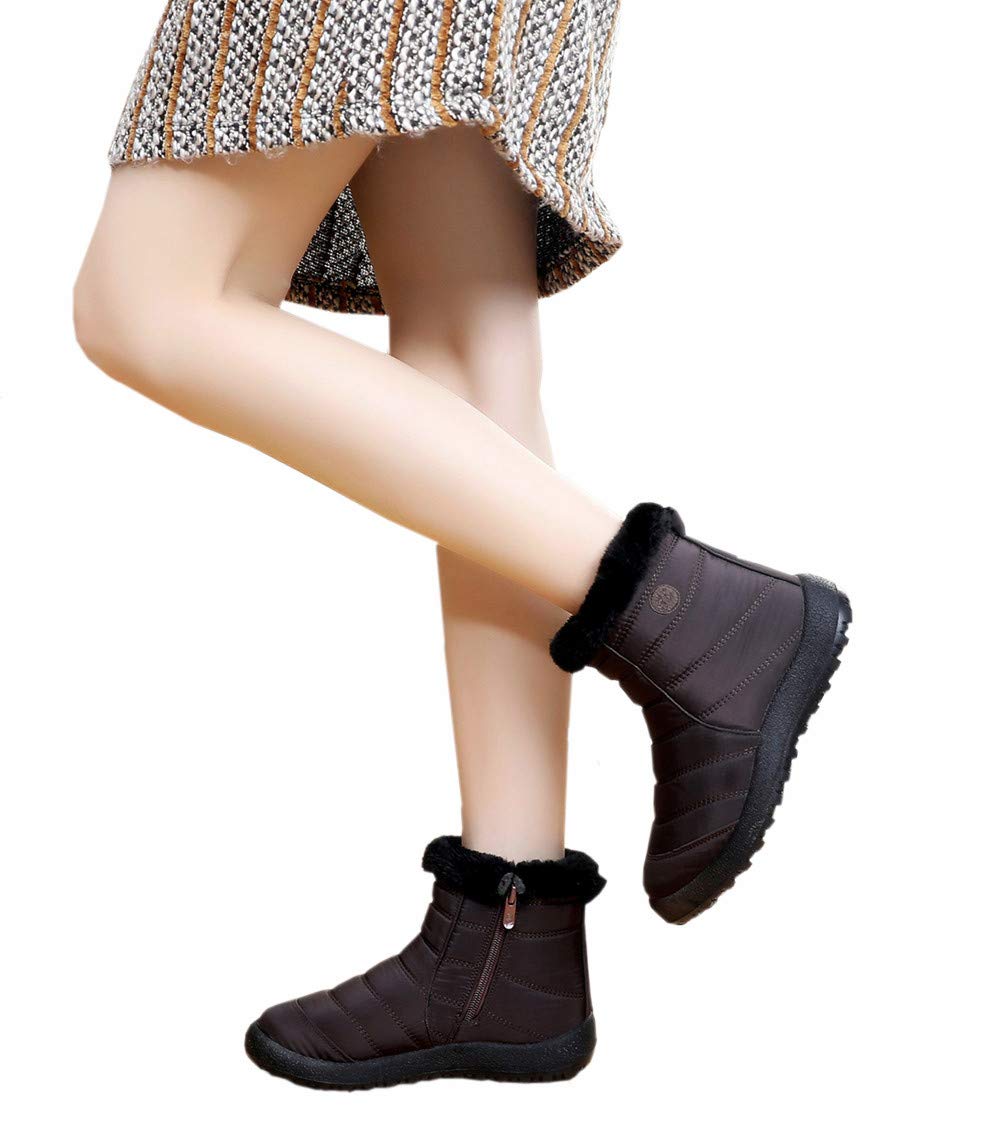 DADAWEN Women's Winter Waterproof Warm Fur Lined Anti-Slip Side Zipper Short Ankle Snow Boots Brown US Size 10 - Image 3