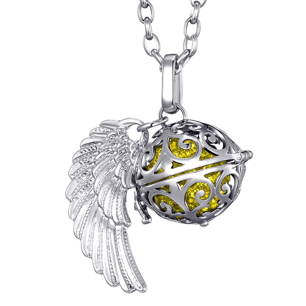 Morella Women Necklace Stainless Steel 70 cm 27,5" with Ornament with Angel Wing Pendant with Sound Ball Zirconia Yellow Ø 16 mm 0,63" in a Velvet Jewelry Bag