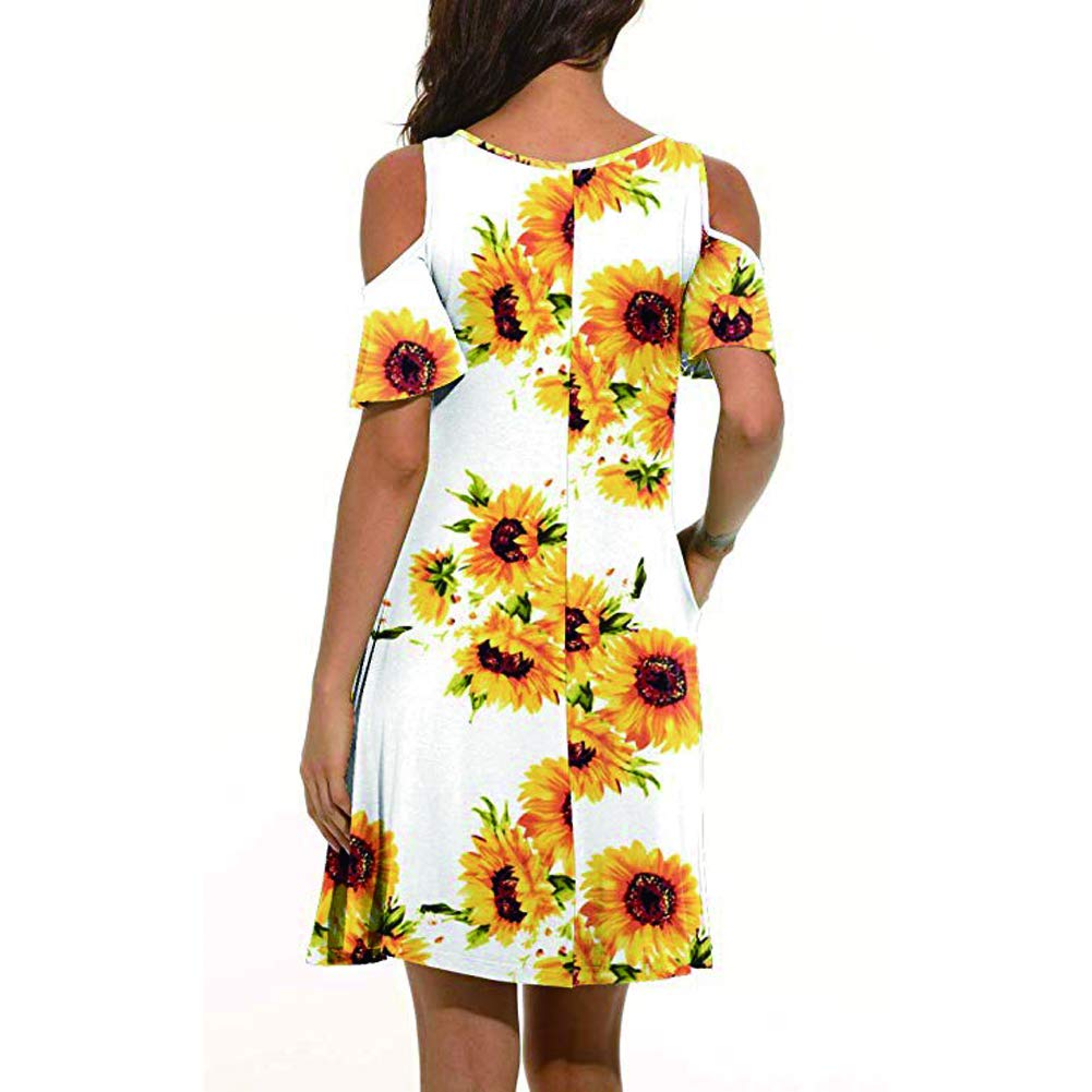 Donnalla Women\'s Summer Cold Shoulder midi Dress Tunic Top Swing T-Shirt Loose Dress with Pockets(Sunflower XX-Large)