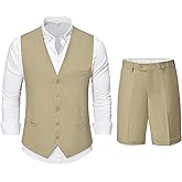YND 2-Piece Men’s Linen Waistcoat Shorts, Lightweight Vest Pants, Casual Wedding Beach Summer Prom Homecoming Outfit