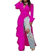 Choichic High Low Tops for Women Deep V Neck Ruched Long Sleeve Side Split Irregular Hem Tunic Blouse Long Shirt Dress