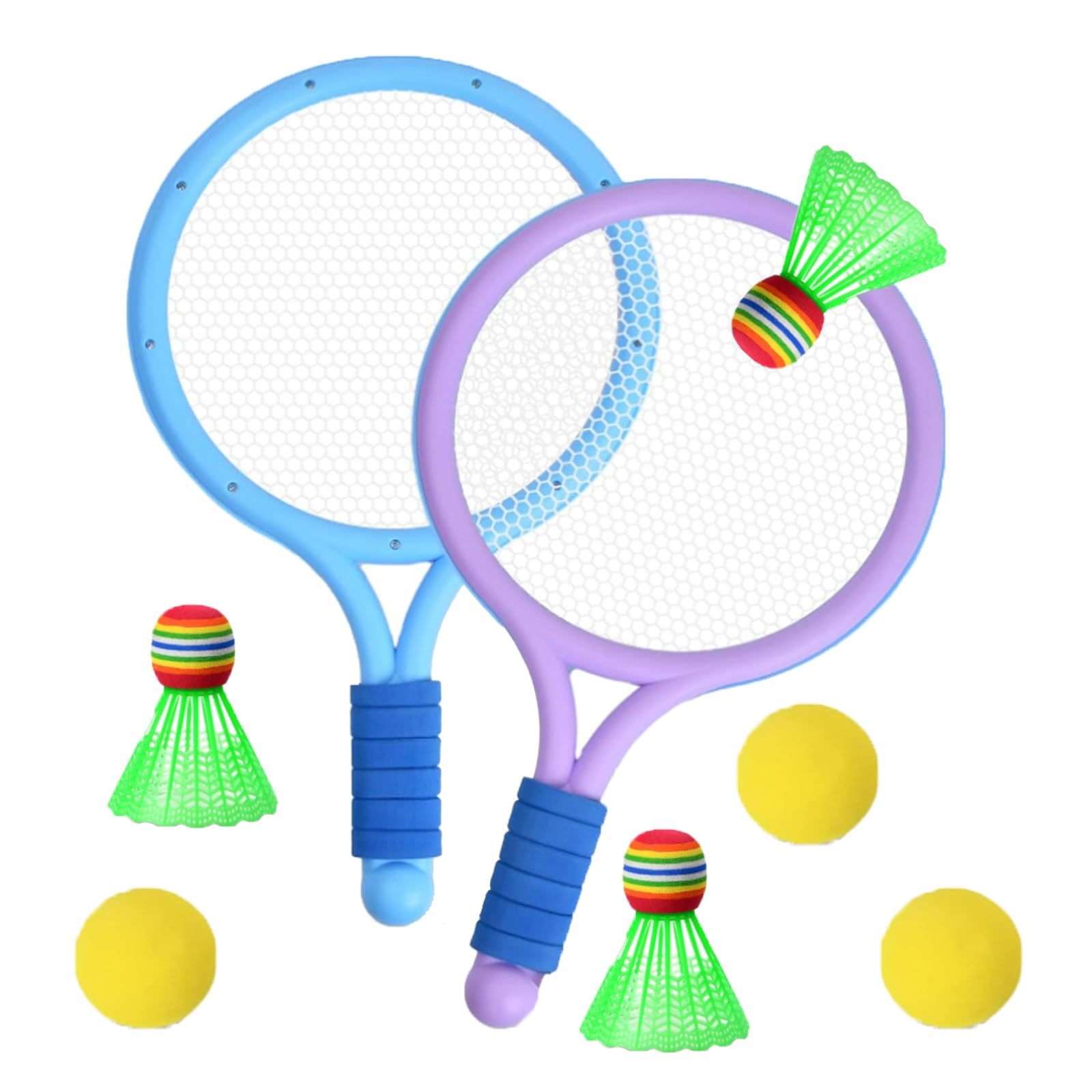 Kids Tennis Rackets Set, 4 Plastic Tennis Rackets and 3 Shuttlecocks and 3 Tennis Balls, Kids Tennis Set for Children Indoor Outdoor Sports Games，Good Companion for Company (Blue-purple)