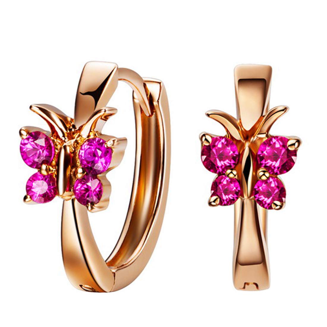 Caimeytie Girl's Butterfly Earrings Sterling Silver with Ruby Cubic Zirconia Hoops Rose Gold Plating valentines present
