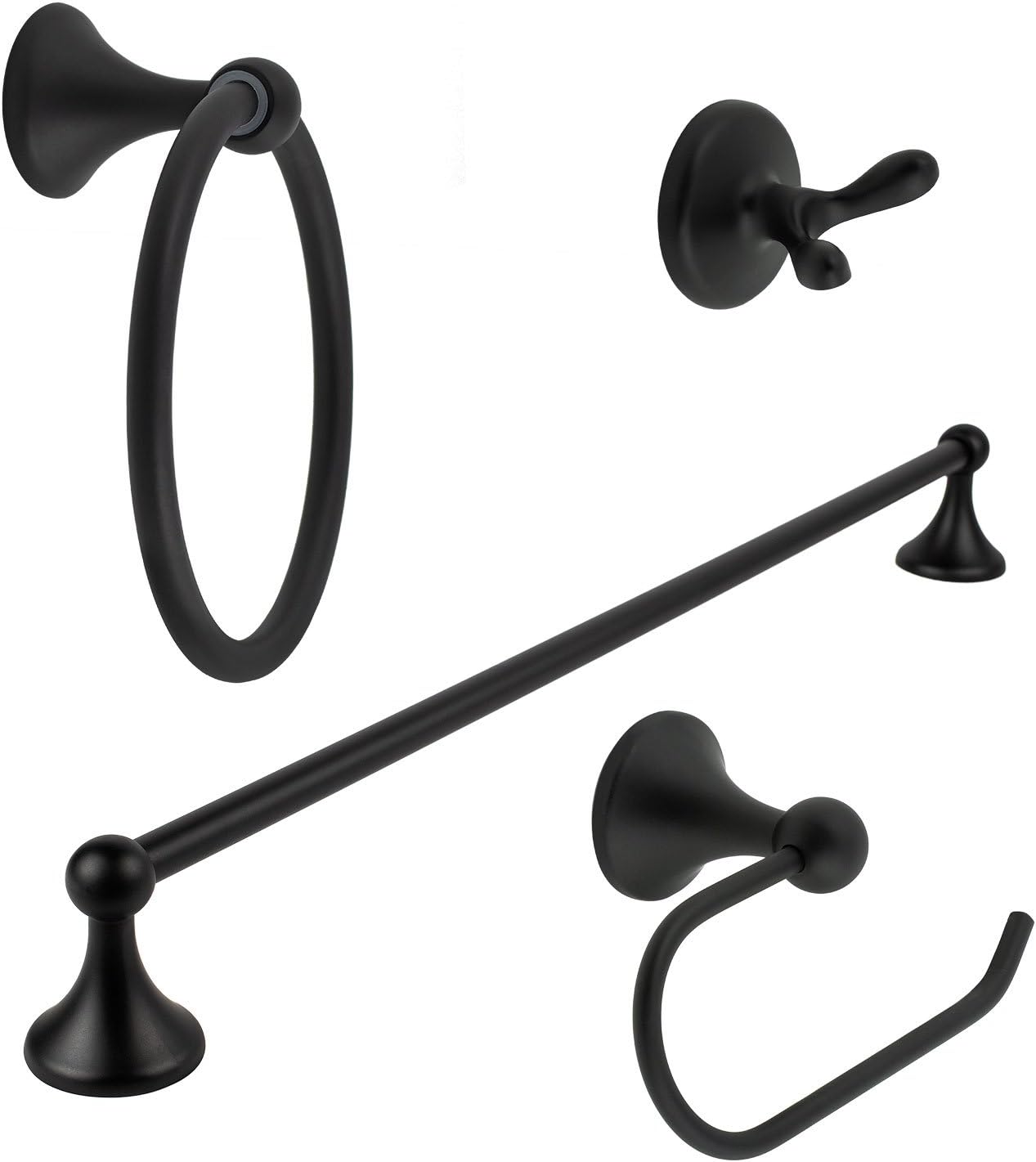 Bennington Lakefront 4 Piece Bath Accessories Towel Bar Set, Euro Toilet Paper Holder (24", Black)