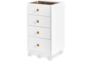 JANFLYHOME JanlyHome Under Desk Storage, Chest of 4 Drawers Under the Desk, Home Office Storage Cabinet with Glass Top, Small Mobile Printer Stand with Lockable Wheels for Home Office Study, White