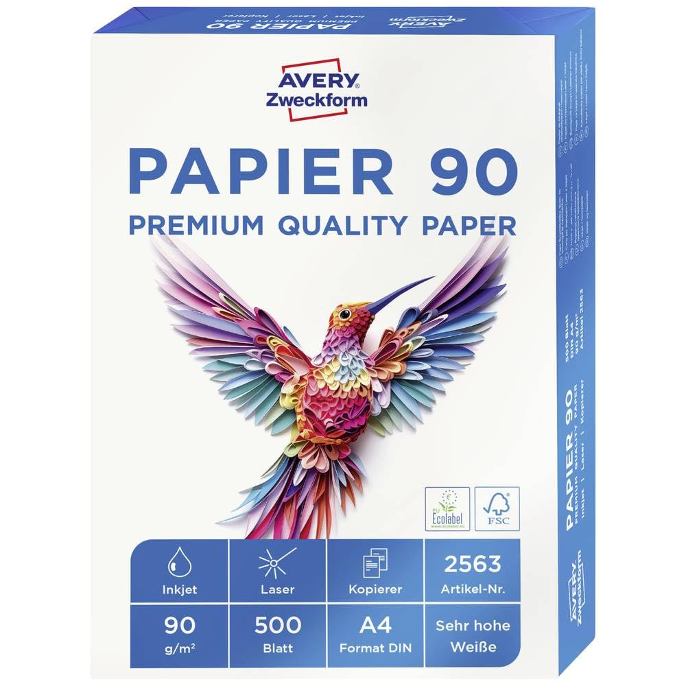 Avery Zweckform 2563 Paper White A4 Blank Woodfree 90 g Premium Quality for Inkjet Laser Photocopier Correspondence Colour Printing 500 Sheets