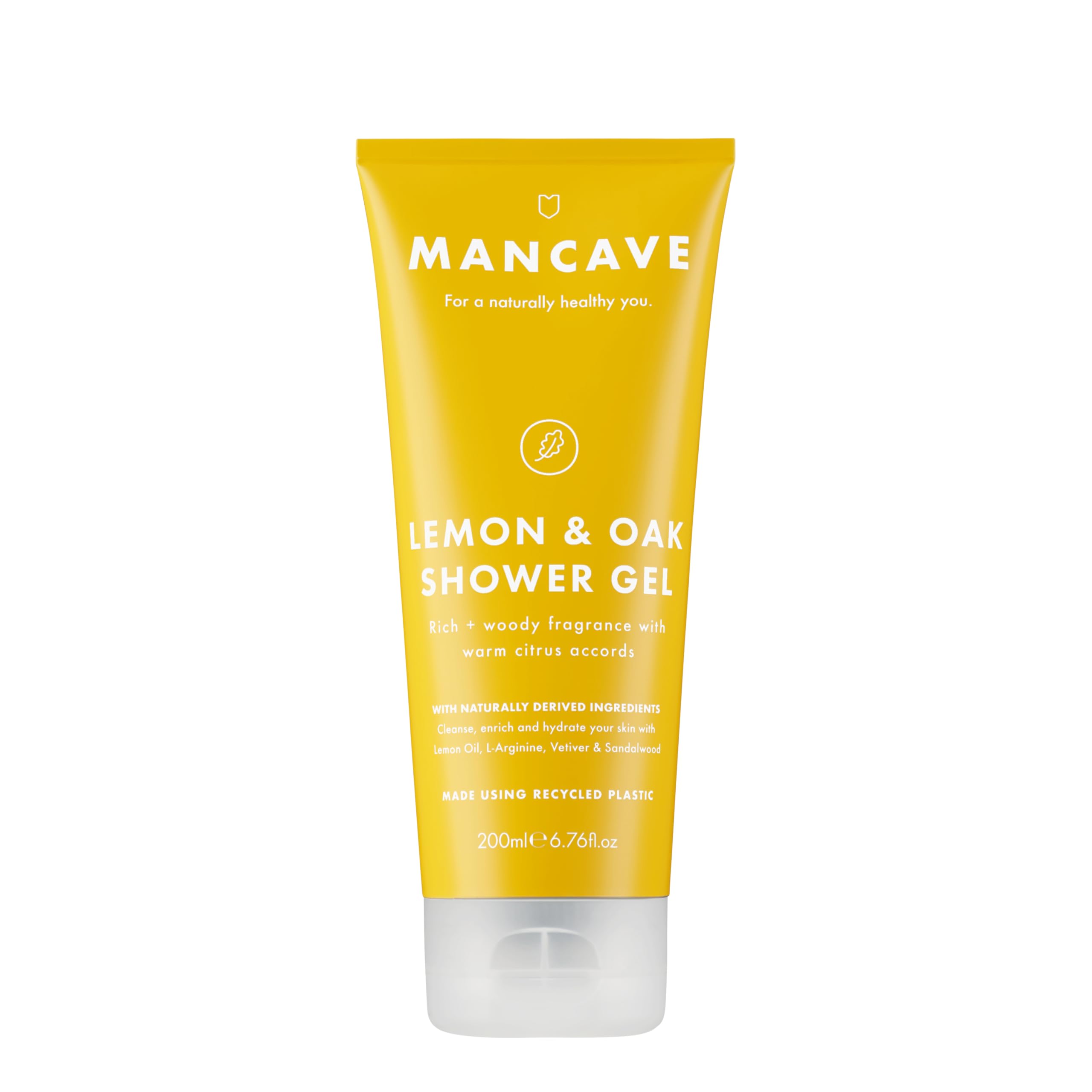ManCave Lemon and Oak Mens Shower Gel, 200 ml, Body Wash, Natural Ingredients, Vegan and Cruelty-Free, Refreshing Shower Gel for Men with Lemon Oil, Bergamot, Rosemary, Body Wash for Men