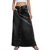 Fisoew Women's Vintage Denim Maxi Skirt Casual High Waist A-Line Frayed Hem Long Jean Skirt with Pockets