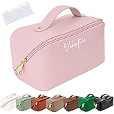 Personalized Travel Makeup Bag, Customized Large Capacity Cosmetic Bag with Printed Name Initials, PU Leather Toiletry Bag for Women, Wide Open Portable Pouch with Divider and Handle, Mothers Day Gift