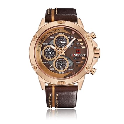 Naviforce Japanese Quartz Genuine Leather Chronograph Wrist Watch for Men Naviforce 9110 - Brown Golden