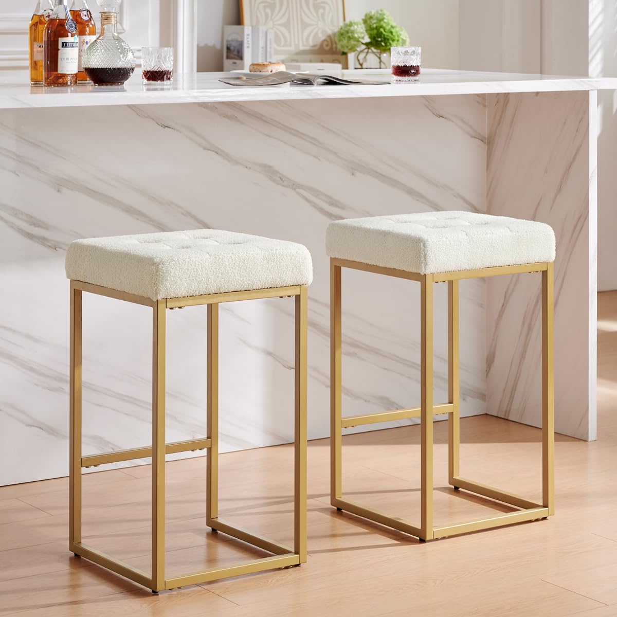 Photo 1 of 24KF Contemporary Counter Height Bar Stool Set of 2 for Kitchen Island, 26" H Teddy Fabric Padded Gold Barstool Bar Chair,5066-Teddy Cream