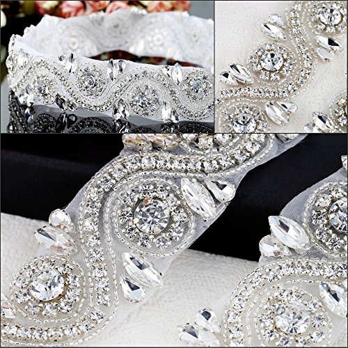 FANGZHIDI Wedding Applique Belt for Dress, 1 Yard Bridal Rhinestone Sash with Crystal Bead Pearls Trim for DIY- Best Gift for Women, Suit for Decorate Evening Gown by Sewing on/Iron on (Silver) - Thumbnail 3