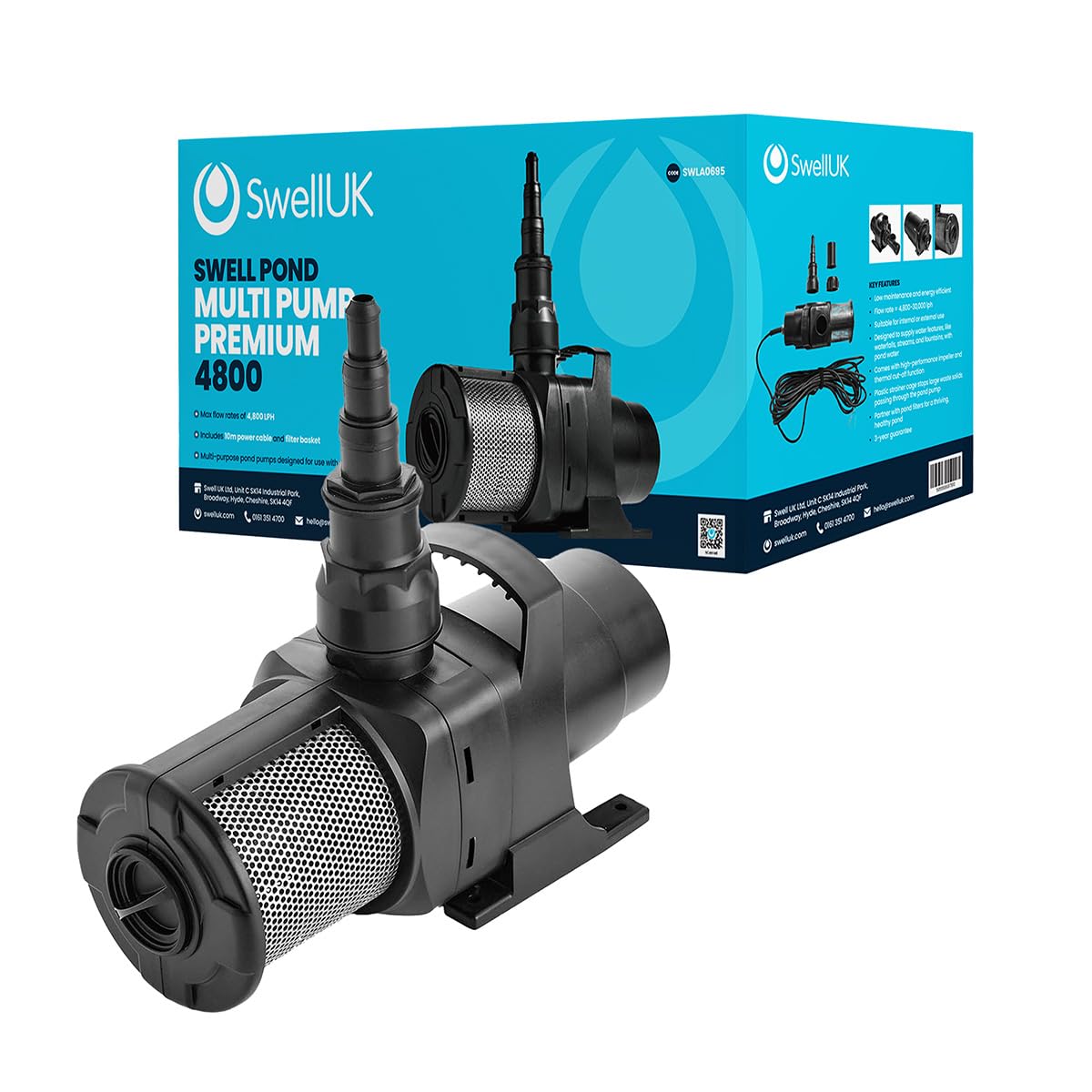 Swell UK Multi-Pump Premium 4800 | Multi-Purpose Black Plastic Garden Pond Pump | 3 Year Guarantee