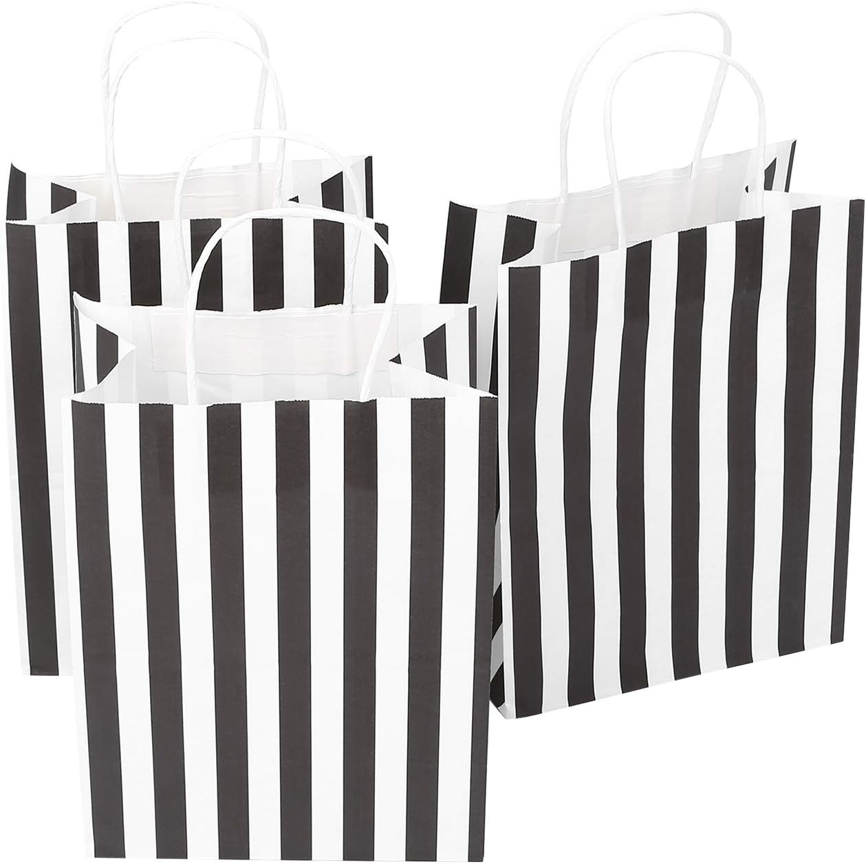Ronvir 100 Pieces Kraft Paper Bags,Black and White Striped Party Bags with Twisted Handles - 21cm x 12cm x 27cm