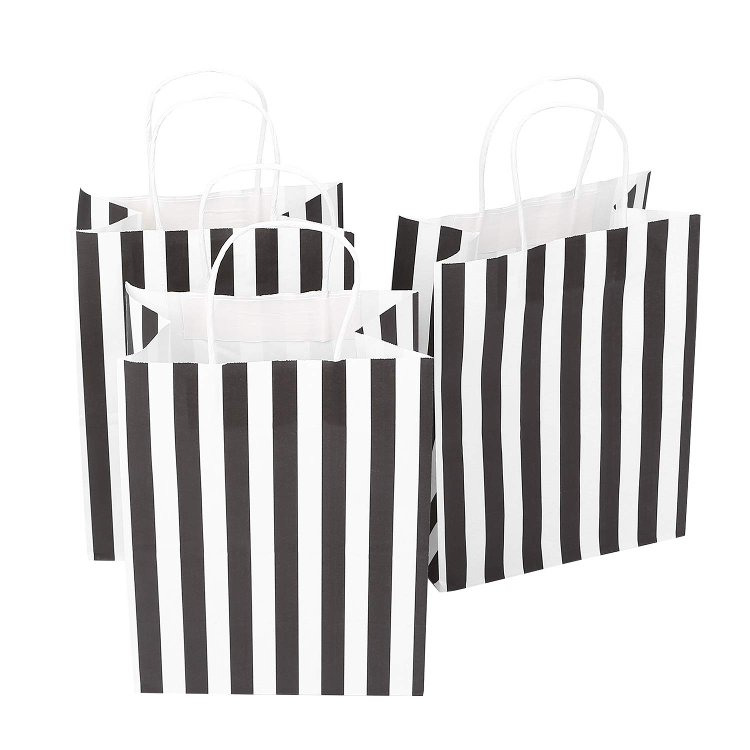 Ronvir 100 Pieces Kraft Paper Bags,Black and White Striped Party Bags with Twisted Handles - 21cm x 12cm x 27cm