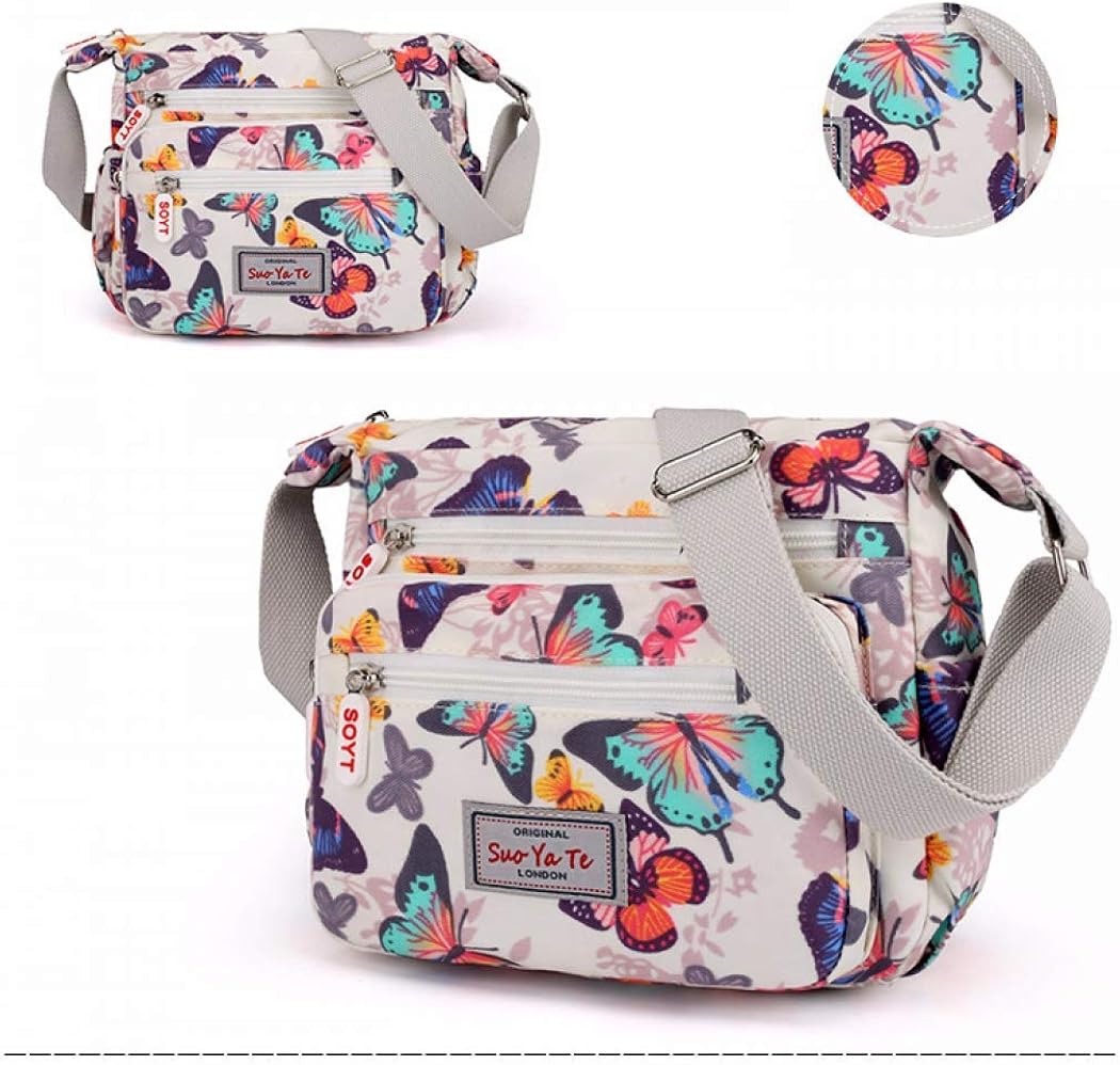 Womens Multi-Pocket Casual Crossbody Handbags Waterproof Flowral Printed Shoulder Nylon Bags Travel Messenger Bags (Butterfly-White) - Image 3