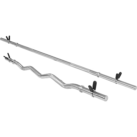 GORILLA SPORTS® Hantelstangen Set mit Langhantel und SZ-Curlsstange Chrom – Standardnorm gerändelt 30/31mm mit Federverschlus