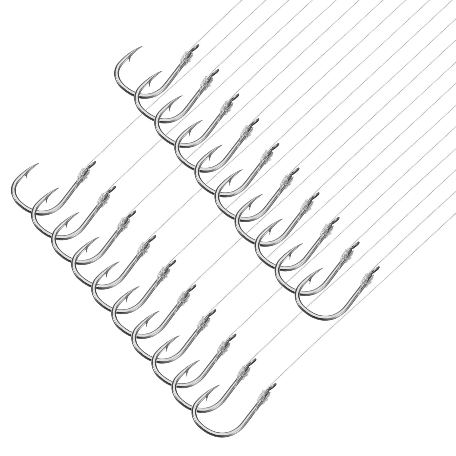 PATIKIL 4# Small Fishing Hooks with 36cm Line, 20Pcs 0.41x0.28 Inch Double Hook Rigs with Barbs Fishing Hook on Nylon Line for Freshwater, Silver Tone