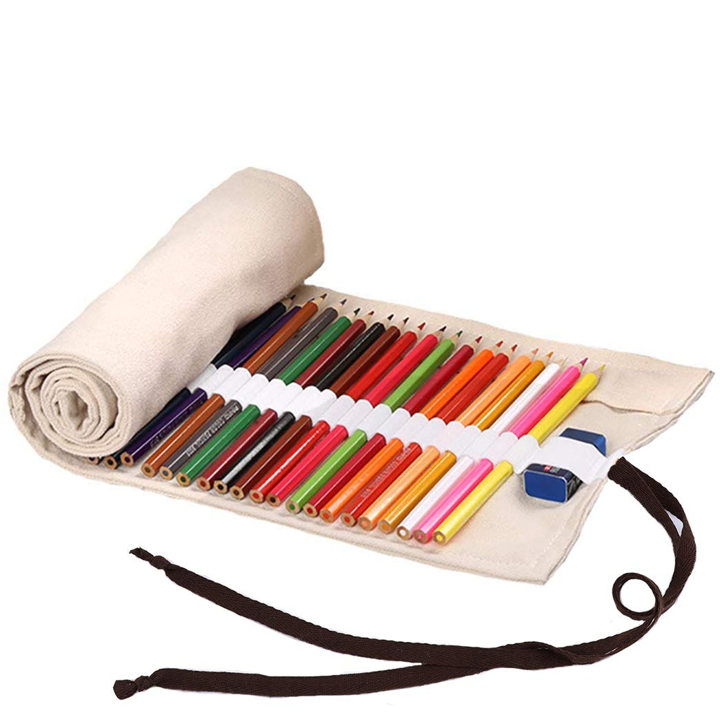 Amoyie Roll Up Pencil Case for 48 Coloured Pencils, Foldable Colouring Pens Organiser Bag, Artist Wrap, Canvas Holder, Painting Fabric Beige