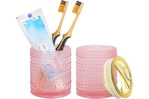 Tonxus Pink Toothbrush Holders,2pcs Glass Toothbrush Holder Set,Clear 10oz Bathroom Tumbler,Gold Toothbrush and Toothpaste Cup Holder Storage Organizer for Bathroom Accessories