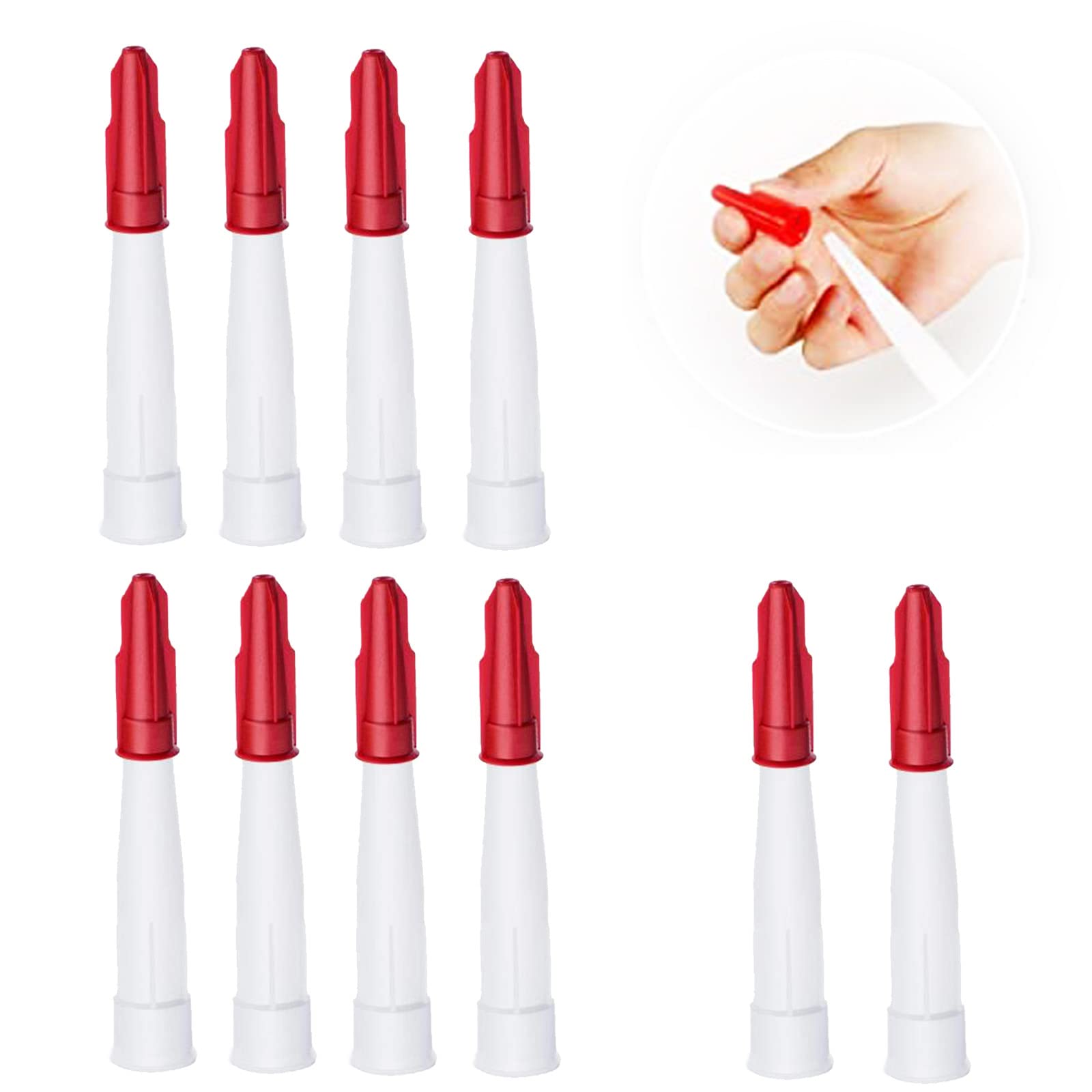 NITAIUN 10-Piece Silicone Caulk Nozzle Set, White Nozzles & Red Caps, Prevents Blockage, Reusable, Plastic, Non-Sterile, 10 Units