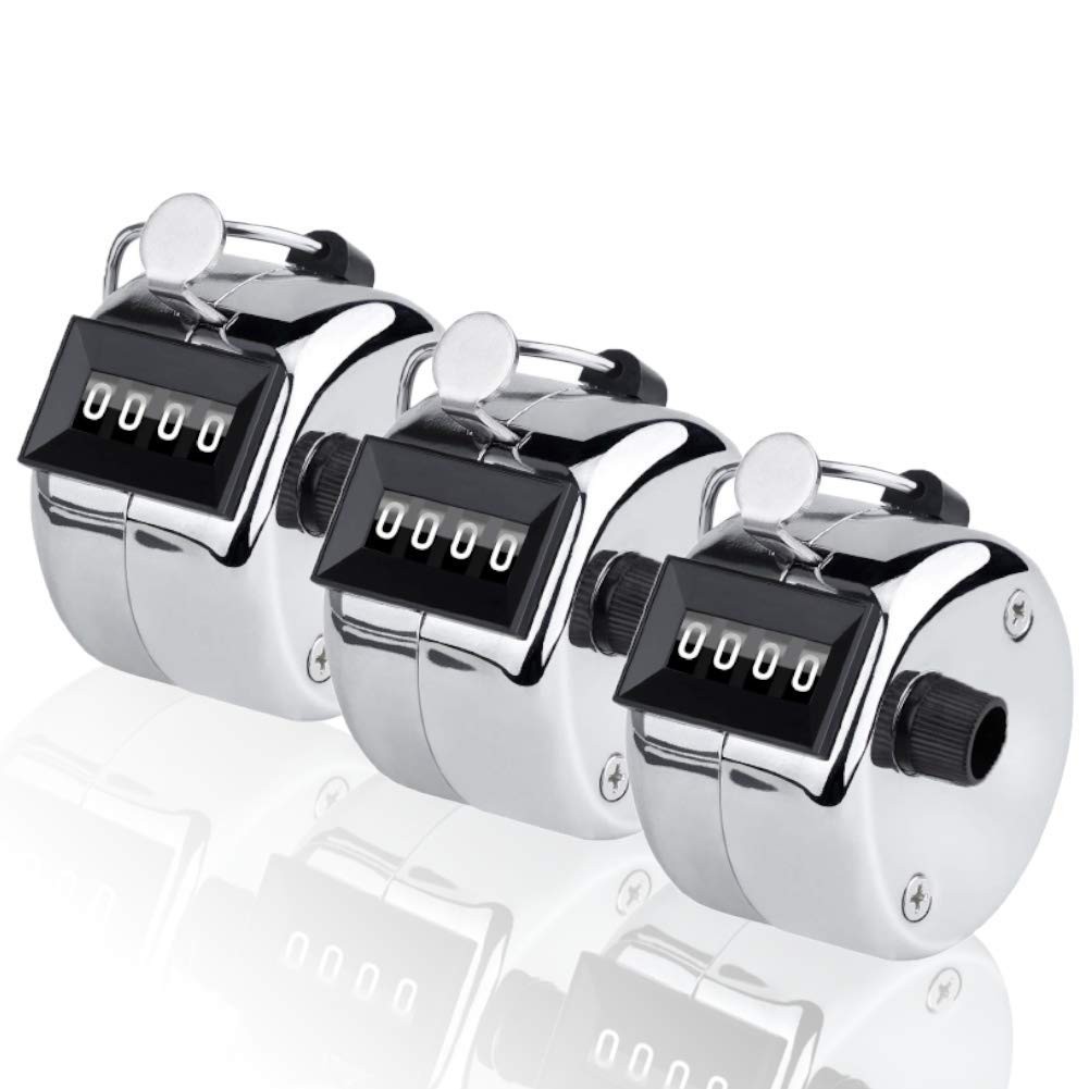 CNYMANY 3 Pcs Hand Tally Counters, 4-Digit Lap Trackers Manual Clickers Metal Mechanical Count to 9999 for Sport Coach Casino - Silver