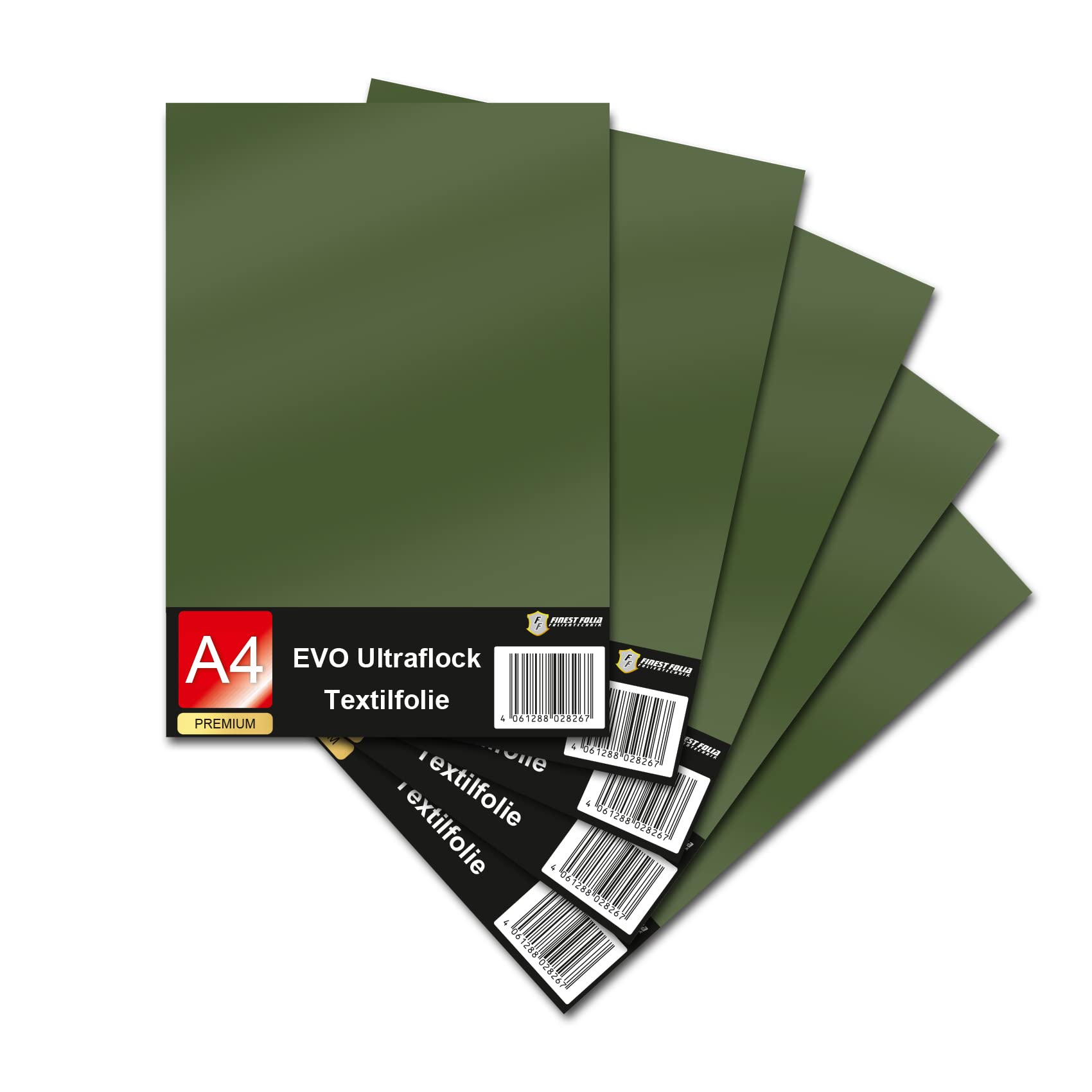 Evo Ultraflock Textile Film for Plotter 33 Colours Flock Film in DIN A4 Format 30 x 20 cm Plotter Film for Fabric Clothing T-Shirt Flock Film Accessories (Set of 5, 023 Khaki)