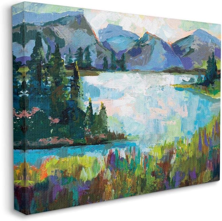Paintings - Stupell Industries Abstract Mountains and Lake Pine Landscape Painting, Designed by Jeanette Vertentes Wall Art, 16 x 20, Canvas