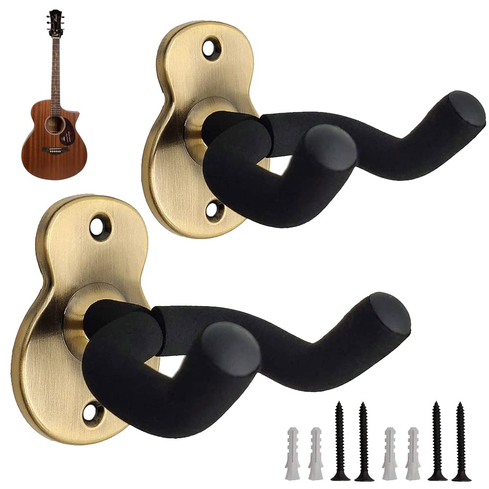2 Pieces Guitar Hook Holder, Metal Guitar Hanger, Wall Mount Guitar Hanger with Rotatable, Guitar Holder, Guitar Hangers, for Electric Guitar, Ukulele, Bass, Banjo, Etc (Yellow Bronze)