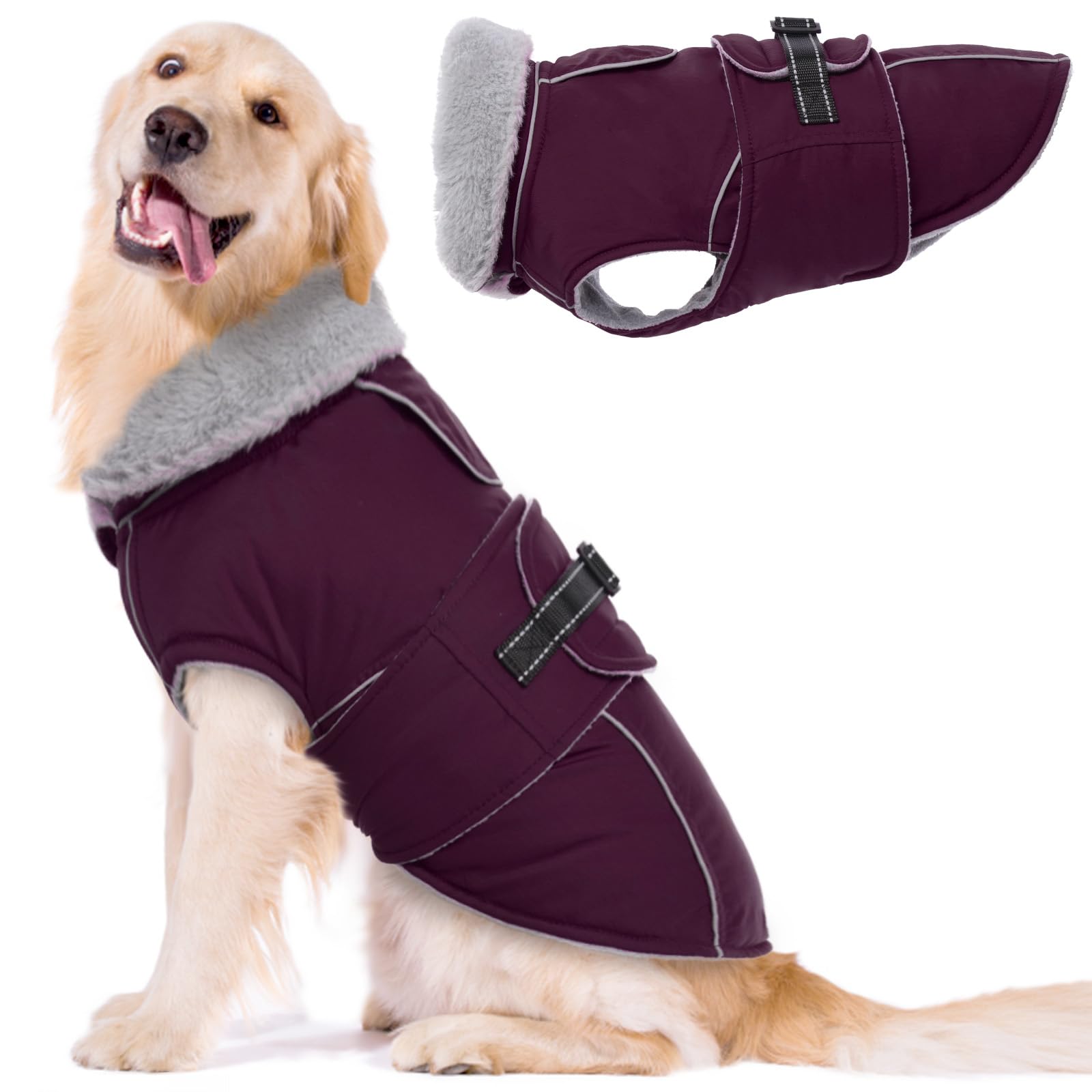 Photo 1 of Lelepet Warm Dog Coat Waterproof Dog Jacket for Large Dogs Reflective Fleece Vest with Adjustable Buckle Hook & Loop Windproof Cold Weather Coats for Small Medium Large Dogs, Dark Purple, XL