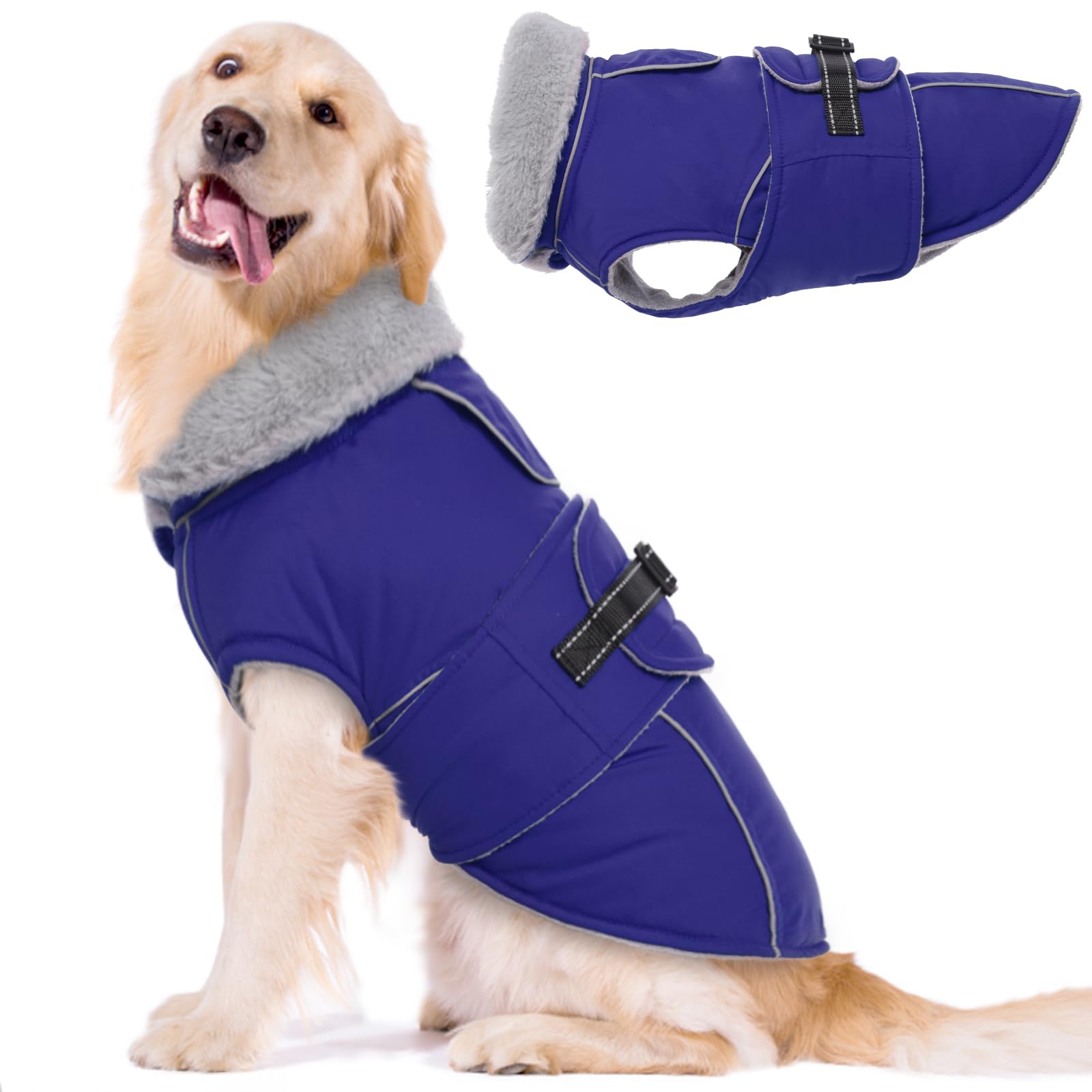 Photo 1 of Lelepet Warm Dog Winter Coat Waterproof Dog Jacket with Adjustable Buckle & Leash Hole Reflective Pet Fleece Snowsuit Turtleneck Windproof Cold Weather Coats, Blue, XXL