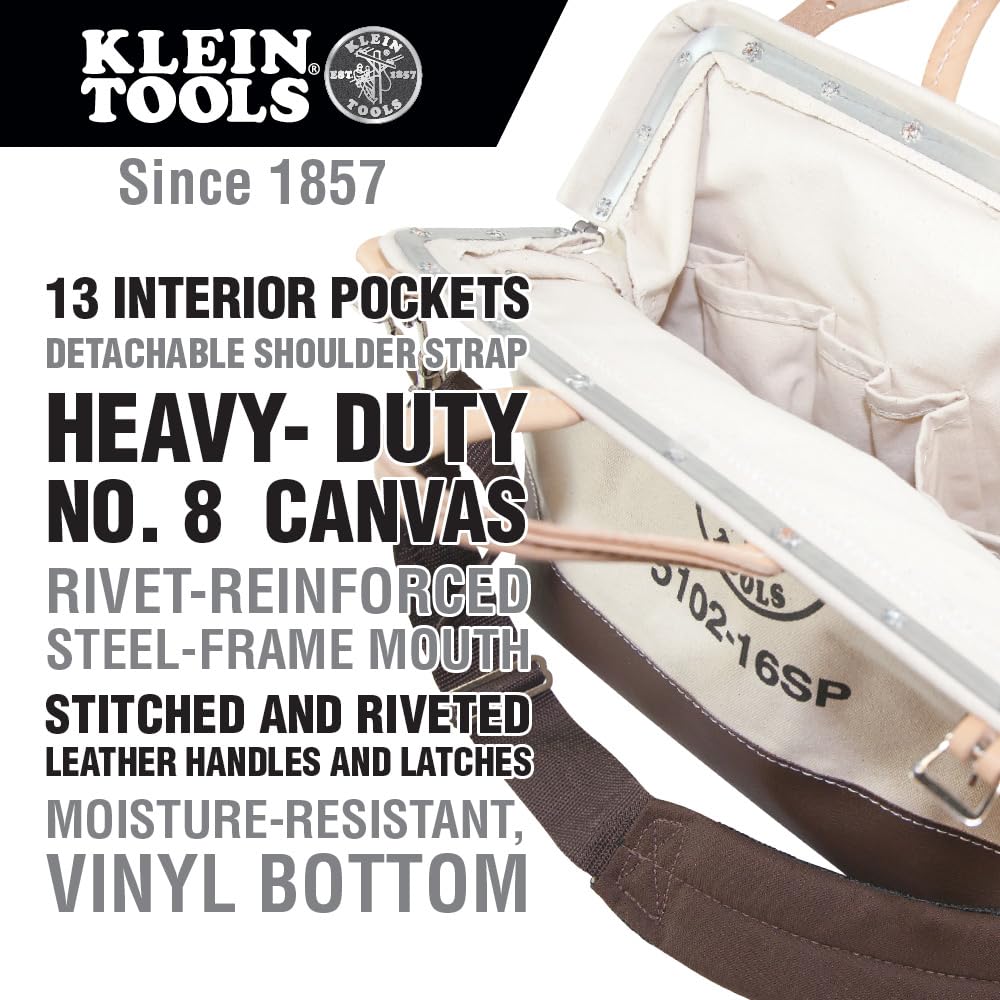 Klein Tools 5102-16SP Deluxe Canvas Tool Bag Made of Natural Canvas with 13 Interior Pockets and Detachable Shoulder Strap, 16-Inch