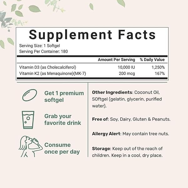 WFWJ 2-IN-1 VITAMIN D3 K2 SUPPLEMENT SOFTGEL, 10000 IU VIT D3 + 200 MCG VITAMIN K2 (180 PCS)