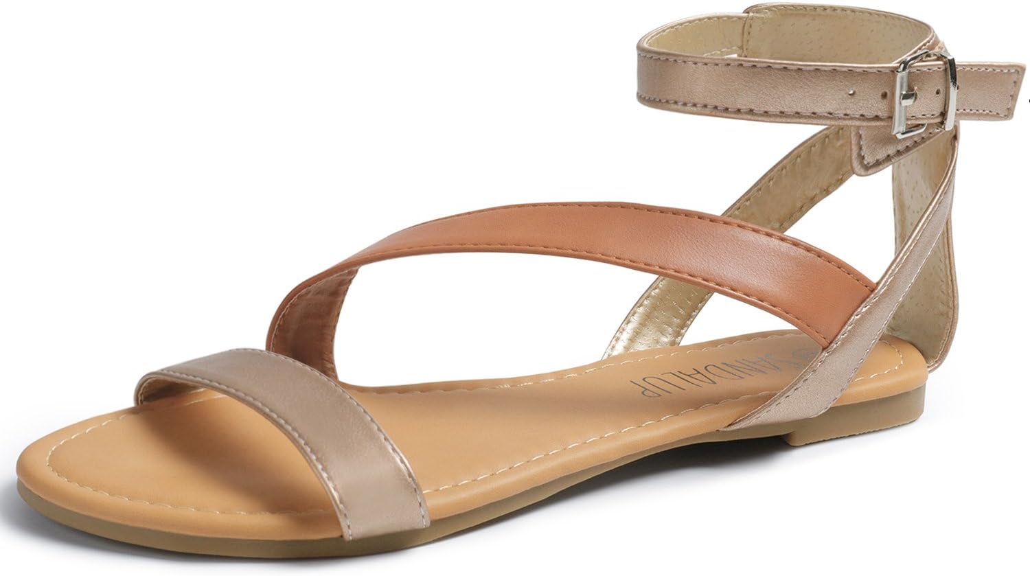 SANDALUP Women's Open Toe Oblique Band Ankle Strap with Fashion Buckle Flat Sandals