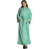 SATNAM HANDICRAFTED Cotton Kimono Robe for Women, Soft Bohemian Hand Block Floral Printed Bathrobe with Pockets & Belt for Loungewear, Spa, Beach Cover Up, Nightwear Gown - Turquoise, Free Size