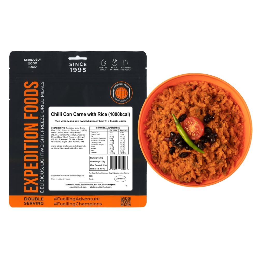 EXPEDITION FOODS Chilli Con Carne with Rice (Double Serving / 1000KCAL) | Freeze-Dried Camping & Hiking Food