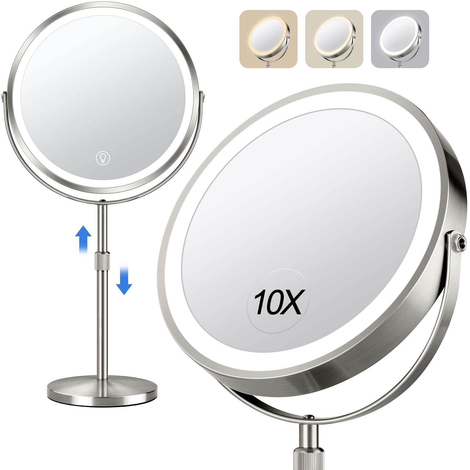Photo 1 of 10x Large Lighted Makeup Mirror, Rechargeable 8" Height Adjustable Vanity Mirror, 1x/10x Magnifying Mirror with 3 Color, Brightness Adjustable, 360° Rotation Double Sided Mirror, Gift for Her(Nickel)