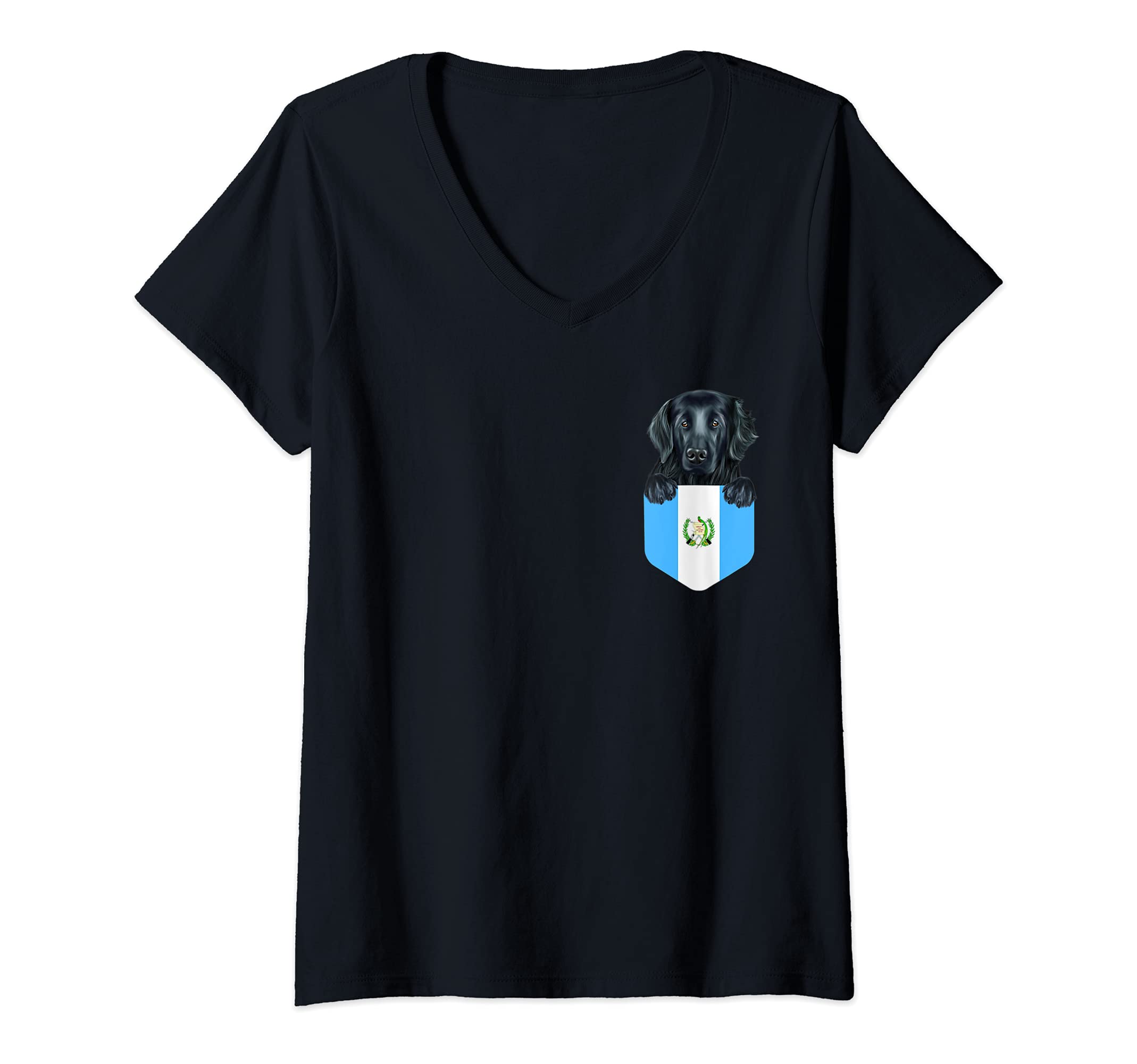 Womens Guatemala Flag Flat-Coated Retriever Dog In Pocket V-Neck T-Shirt