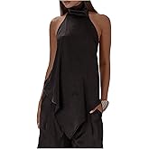 Milumia Women's Asymmetrical Satin Halter Top Sexy Tie Back Sleeveless Mock Neck Going Out Tops