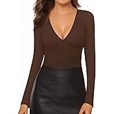 MANGOPOP Women's Cross Wrap Ruched Plunge Sexy Deep V Neck Slim Fit Long Sleeve Fleece Lined T Shirt Tunic Tops Tee