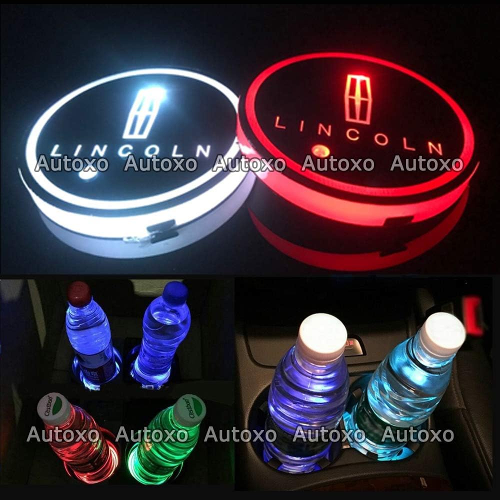 LED Car Cup Holder Lights for Lin-coln 7 Colors Changing USB Charging Mat Luminescent Cup Pad LED Interior Atmosphere Lamp 2Pcs