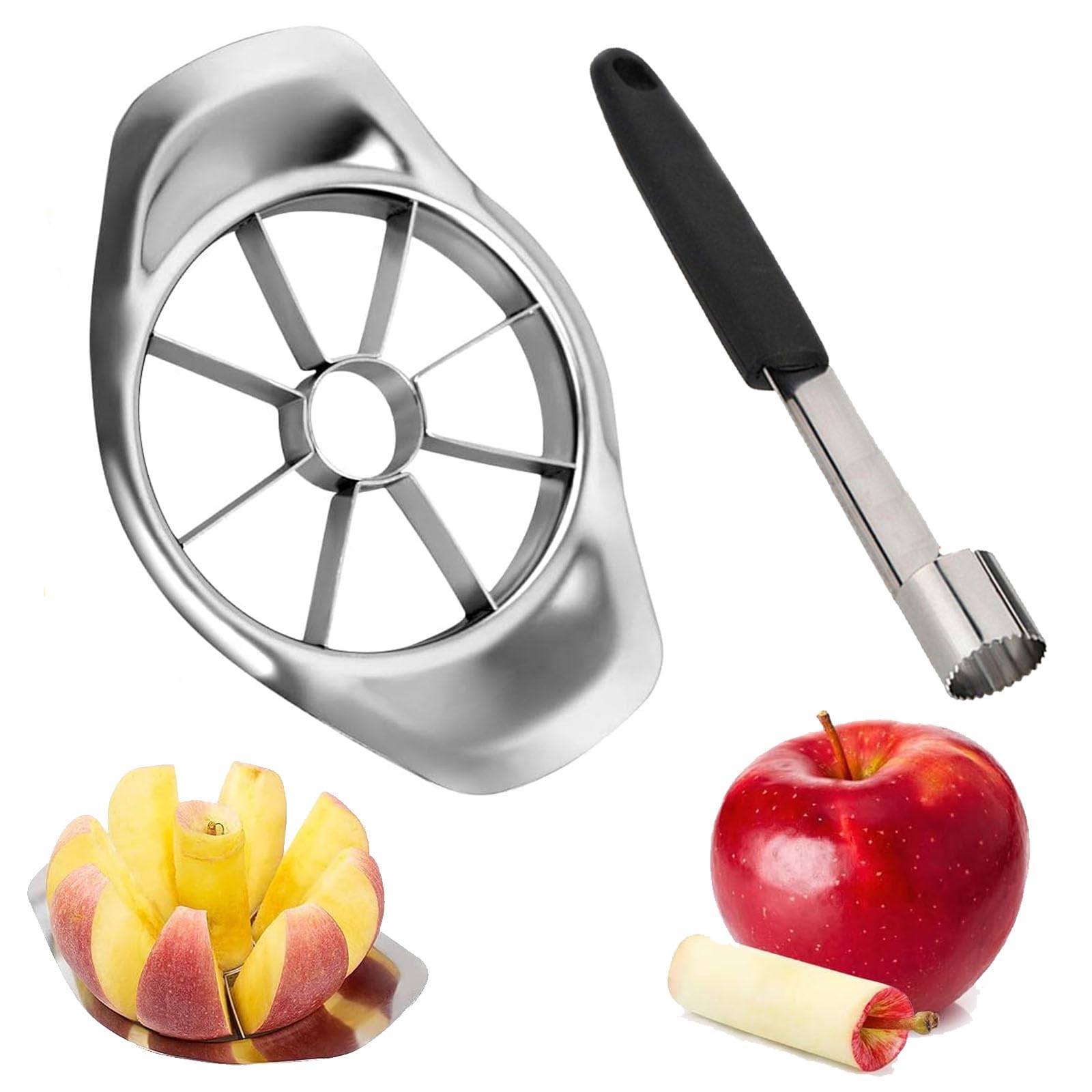 Apple Corer and Slicer 2Pcs Set, Stainless Steel Apple Slicer Cutter & Corer Fruit Slicer with Handle for Home Kitchen Sharp Fruit Cutter Remover with 8 Blades for Apple Pear Orange Tomato Lemon