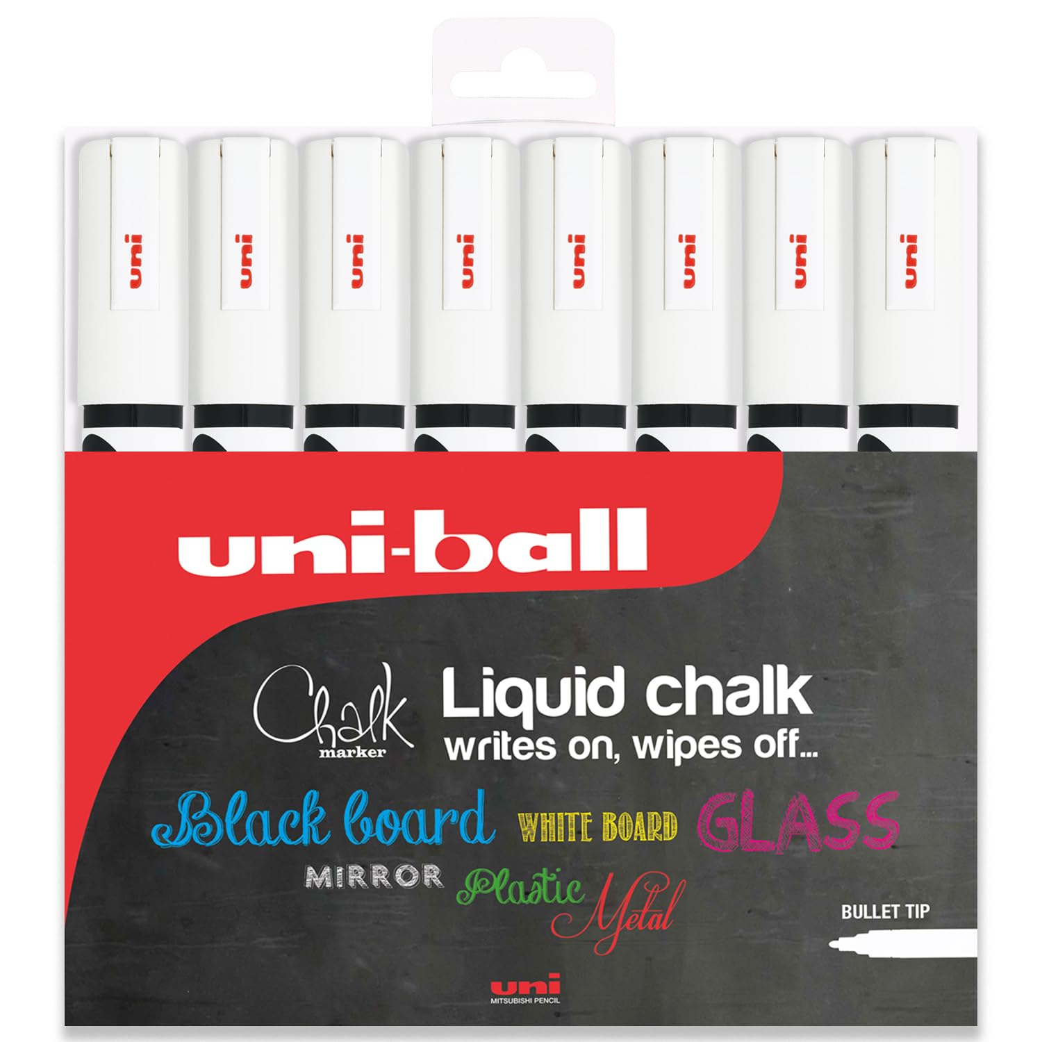 Uni PWE-5M Liquid Chalk Marker Pen - Whiteboard Blackboard Chalkboard - Non Permanent - Wallet of 8 (White)
