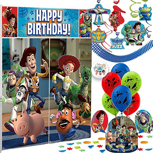 Toy Story Birthday Party Decorations Supply Pack With Toy Story Scene Setter, Swirl Decorations, 6 Balloons, Table Decorating Kit, Blue Garland, And Exclusive Pin By Another Dream